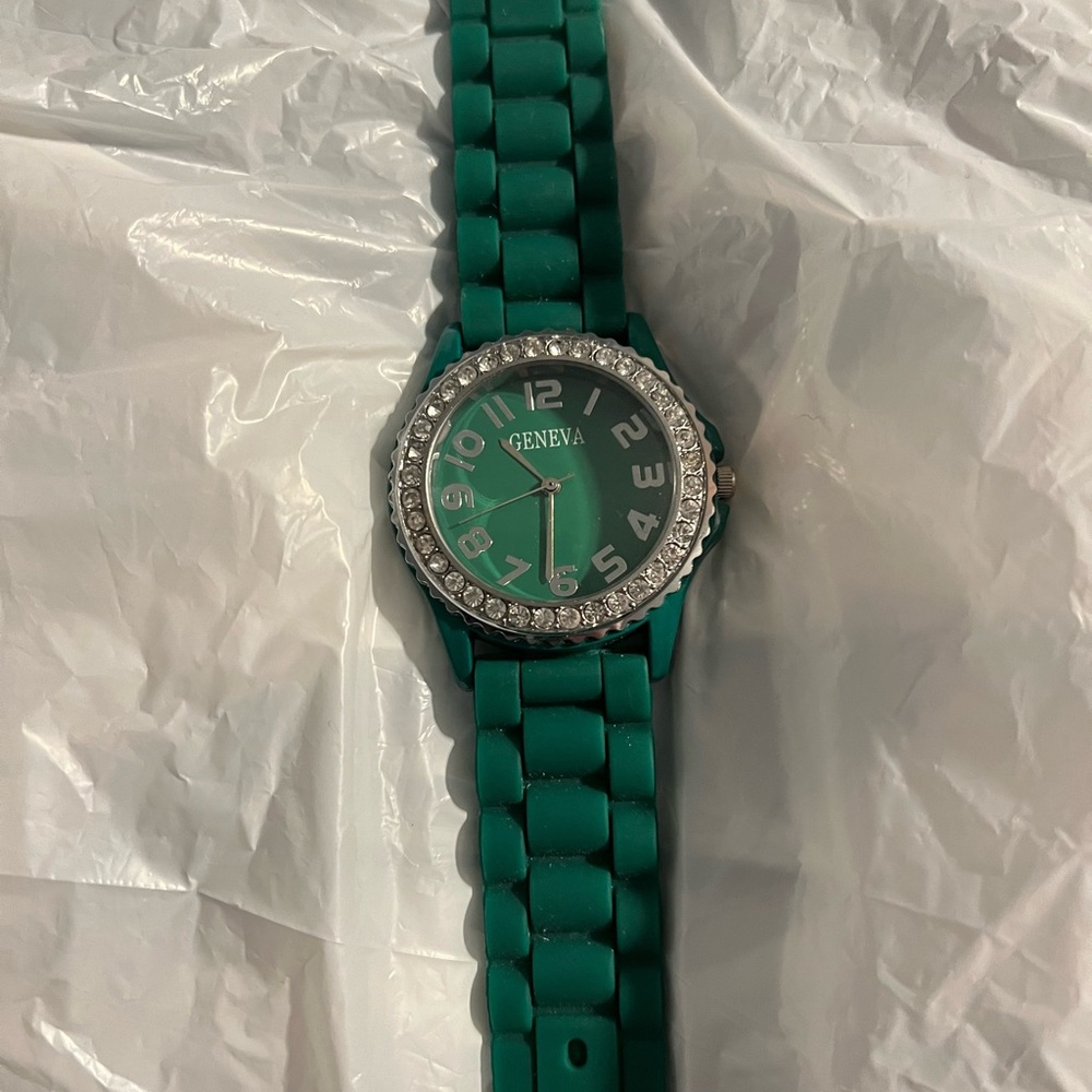 Geneva Green Watch with Rhinestone Bezel